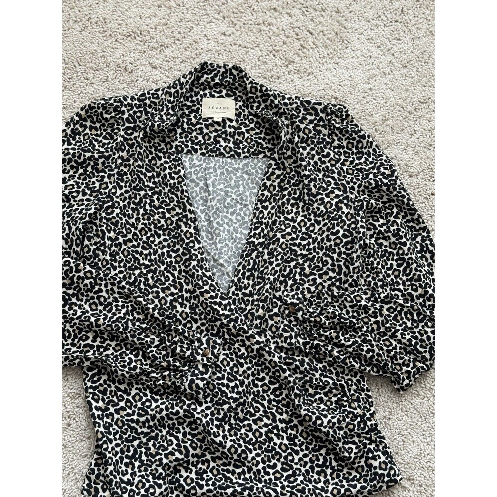 Sezane Abelia Cream Leopard Faux Wrap Blouse Long Sleeve Draped V-Neck Sz 34/XS - Picture 4 of 10